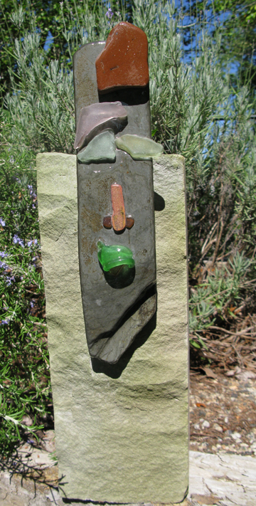 Sir Wendel, stone sea glass statue, Mary Lou Diekmann, stone people garden statues